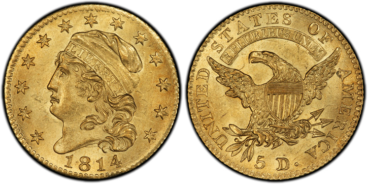 1814/3 Capped Head Left Half Eagle. BD-1. MS-64+ (PCGS).